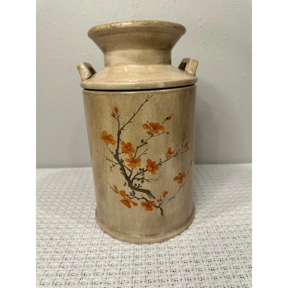 Vintage Ceramic Milk Can Canister 9x5 Tan Orange Cherry Blossom Farmhouse Decor